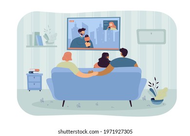 Boyfriend secretly cheating on girlfriend. Couple with friend watching news on sofa, man holding hands with other woman flat vector illustration. Betrayal, cheating concept for banner, website design