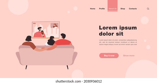 Boyfriend secretly cheating on girlfriend. Couple with friend watching news on sofa, man holding hands with other woman flat vector illustration. Betrayal, cheating concept for banner, website design