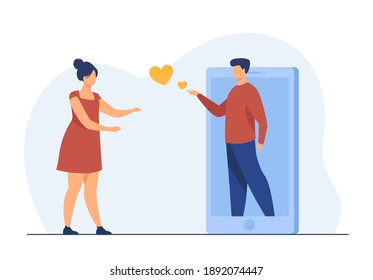 Boyfriend sharing love from huge smartphone. Girlfriend, phone, heart flat vector illustration. Relationship and date concept for banner, website design or landing web page