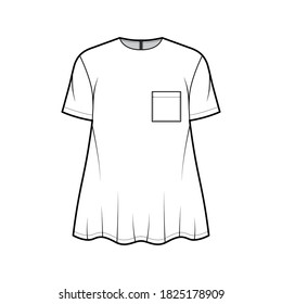 Boyfriend shirt technical fashion illustration with square pocket, crew neck, short sleeves, oversized, flare hem, back zip fastening. Flat apparel template front white color. Women men top CAD mockup