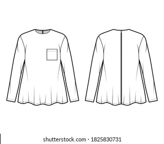 Boyfriend shirt technical fashion illustration with square pocket, crew neck, long sleeves, oversized, flare hem, back zip fastening. Flat template front back white color. Women unisex top CAD mockup