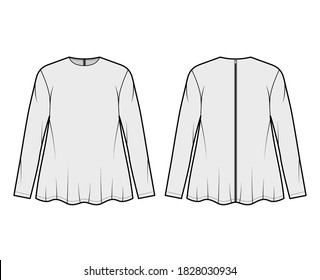 Boyfriend shirt technical fashion illustration with crew neckline, long sleeves, oversized, flare hem, back zip fastening. Flat apparel template front back grey color. Women men unisex top CAD mockup