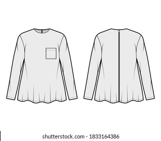 Boyfriend shirt technical fashion illustration with square pocket, crew neck, long sleeves, oversized, flare hem, back zip fastening. Flat template front back grey color. Women unisex top CAD mockup