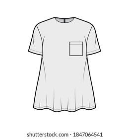 Boyfriend shirt technical fashion illustration with square pocket, crew neck, short sleeves, oversized, flare hem, back zip fastening. Flat template front grey color. Women men unisex top CAD mockup