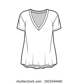 Boyfriend slub cotton-jersey T-shirt technical fashion illustration with plunging V-neckline, short sleeves, relaxed silhouette. Flat outwear apparel template front white color. Women men unisex top
