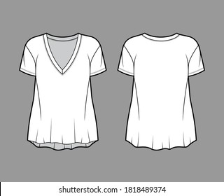 Boyfriend slub cotton-jersey T-shirt technical fashion illustration with plunging V-neckline, short sleeves, relaxed silhouette. Flat outwear apparel template front back white color. Women men unisex