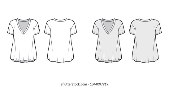 Boyfriend slub cotton-jersey T-shirt technical fashion illustration with plunging V-neckline, short sleeves, relaxed silhouette. Flat apparel template front back white grey color. Women men unisex top