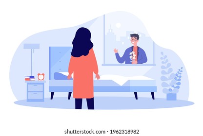 Boyfriend surprising girlfriend with flowers. Man greeting lover in morning, waving through window flat vector illustration. Romance, love concept for banner, website design or landing web page