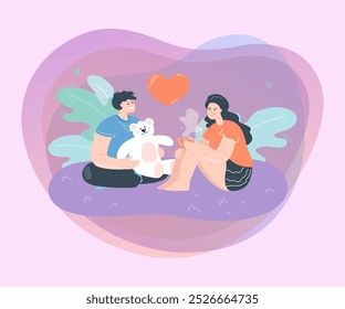 Namorado com ursinho de pelúcia e namorada com chá. Casal bonito saindo juntos em casa ilustração vetor plana. Amor, romance, conceito de família para banner, design de site ou landing page