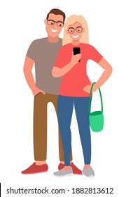 Boyfriend watching his girlfriend texting on the phone. Young People looking on Smartphones and chatting. Female and Male Characters collection. Flat Cartoon Vector Illustration.