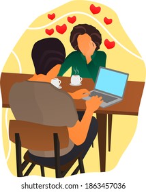 Boyfriend work laptop. Girlfriend looking boyfriend. vector illustration