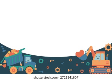 Boy-friendly construction Valentine's Day background with bottom border copy space. Template featuring excavator digging hearts. Vector flat design layout for kids banner or school invitation.