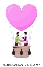 Amigos abucheos flotando en globo aerostático personajes de dibujos animados lineales 2D. Hombres homosexuales enamorados se unen a personas de linaje aislado con antecedentes blancos. Imagen de manchas planas de color de balanceo de fecha romántica