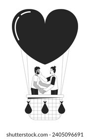 Amigos abucheos flotando en globo aerostático personajes de dibujos animados en línea 2D en blanco y negro. La pareja de hombres homosexuales enamorados aislados esboza a la gente. Ilustración de punto plano monocromático de globo de fecha romántica