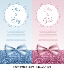 It's A Boy/girl Baby Shower Cute Card Invitation With Blue And Pink Bow, Vector Illustration