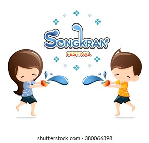 Boy&Girl enjoy splashing water in Songkran festival ,Thailand-Vector illustration