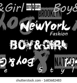 Boy&Girl seamless pattern. Black and white lettering design for fashion textile style.