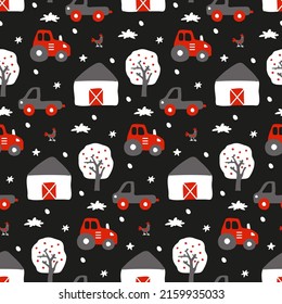 Boyish kids pattern with car tractor. Transport on contrasting dark black background for design of seamless children's fabric print. Hand drawn nursery wallpaper with farm theme. Vector ranch picture.