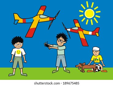 boys and aircraft models, funny vector illustration