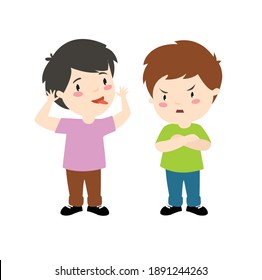 The boys are arguing. Children swear. The boy is grimacing. The child is grimacing. The boy shows his tongue.