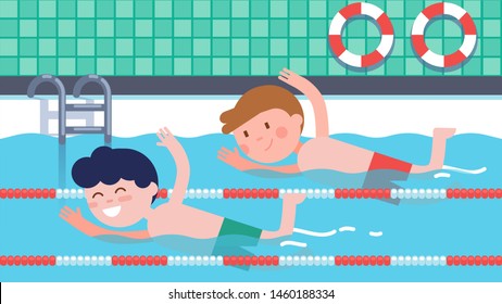 Boys athlete children swimming crawl style swim racing in competition. Indoor pool with ladder & lifebuoys. Happy kids swimmers cartoon characters championship. Sport training flat vector illustration