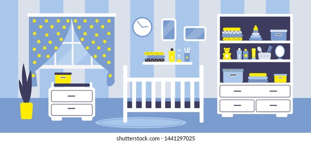 Boys baby room with furniture. Cozy interior in flat stile. Vector illustration.