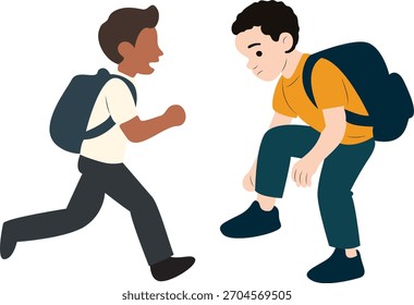 Jungen mit Rucksäcken, zwei Jungen mit Rucksäcken, einer läuft und der andere repariert einen Schuh. Sie gehen wahrscheinlich zur Schule.