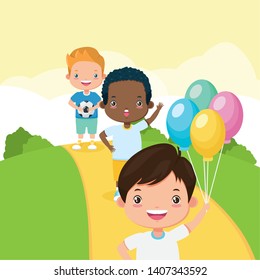 boys with balloons in the park road kids zone vector illustration
