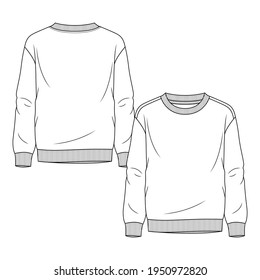 Boys Basic Crew Neck Sweatshirt Fashion Flat Sketch Template. Young Men Technical Fashion Illustration. Rib Neck, Waistband And Sleeves Cuffs