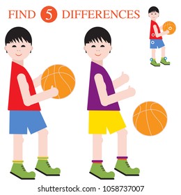 Boys basketball players with a ball. Find 5 differences. Educational games for children.