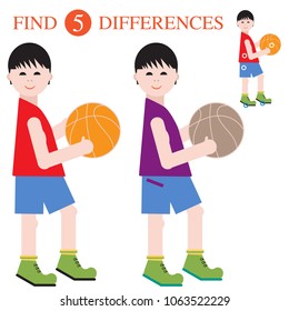 Boys basketball players with a ball. Find 5 differences. Educational games for children.