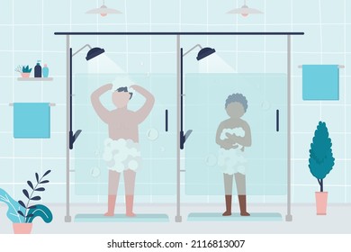 Boys bathe in public bathroom after pool. Restroom interior design. African american child lathers with soap in shower cabin. Personal hygieneю. Teenagers washes after workout. Vector illustration