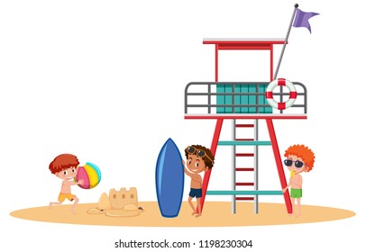 Boys at the beach illustration