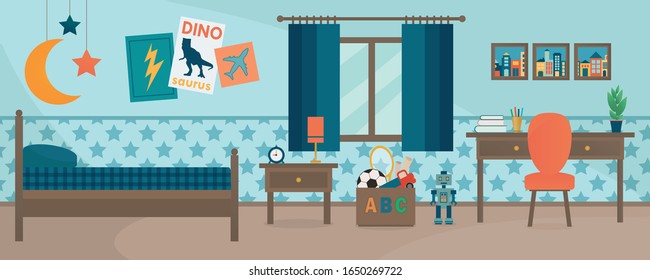 Boy's Bedroom Background. Furniture In A Boy's Room Vectors.  Interior Decoration Of  Personal Space.