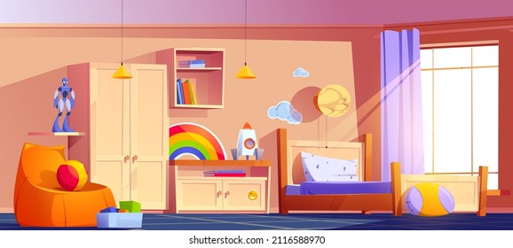 Boys bedroom with bed, bookshelf, cupboard, chair and toys box. Vector cartoon illustration of kids room interior with nightstand, books, ball, rocket, robot and night light on wall
