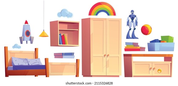 Boys Bedroom Furniture, Bed, Bookshelf, Cupboard And Toys Box. Vector Cartoon Set Of Kids Room Interior With Nightstand, Books, Ball, Rocket And Robot Toys, Wall Stickers Isolated On White Background