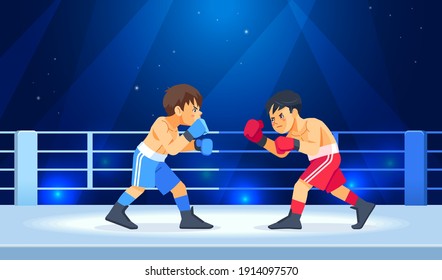 Boys before a boxing match. The guys in the gloves start fighting. Sports, martial arts concept cartoon vector illustration.