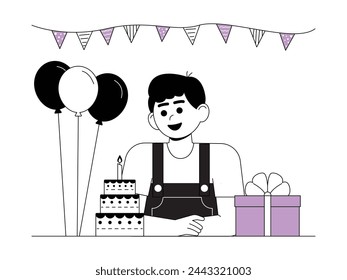 Boy's birthday celebration, getting a gift, decoration with flags, vector illustration.