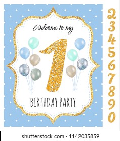 Boy's birthday invitation, birthday party with set of gold glitter numbers. Printable vector template with blue background with white polka dots and golden glitter elements.