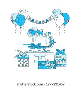 Boy's birthday. A party. Vector illustration. Cake, balls, gifts, garlands. Greeting card.