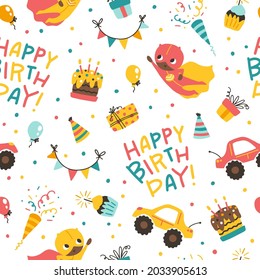 Boy's birthday seamless pattern. Vector festive cartoon doodle elements background in naive simple childish scandinavian style. Comic colorful lettering