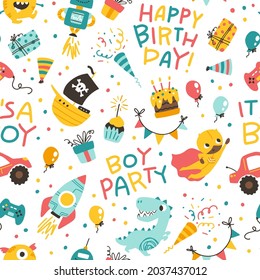 Boy's birthday seamless pattern. Vector festive cartoon doodle elements background in naive simple childish scandinavian style. Comic colorful lettering