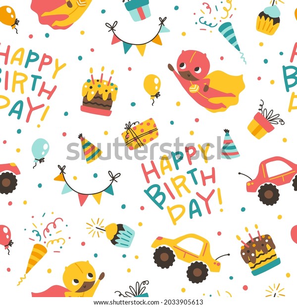 Boy\'s birthday seamless pattern.\
Vector festive cartoon doodle elements background in naive simple\
childish scandinavian style. Comic colorful\
lettering