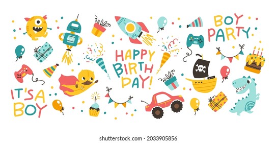 Boy's birthday set. Vector festive cartoon doodle collection of elements in naive simple childish scandinavian style. Comic colorful lettering