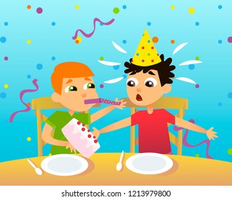 Boy's birthday. Wishes happy birthday. Throws a cake in the face.