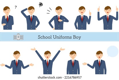 Boys, blazer uniform pose set,Questioning, worrying, undertaking, pointing, etc.