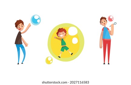 Boys Blowing and Playing with Soap Bubbles Cartoon Vector Illustration