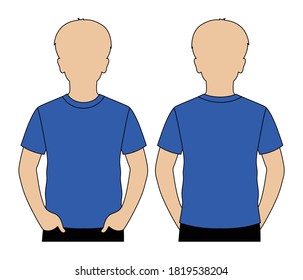 Boy's Blue Blank Short Sleeve T-Shirt Template On White Backgrpund.Front and Back View.