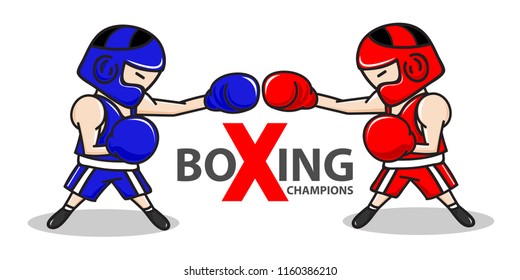 The boys in blue and red corners are fighting to win. Boxing champion. Vector illustration.