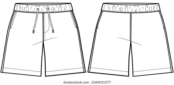 boys board shorts flat sketch vector illustration drawstring elastic waist short front and back view technical cad drawing template